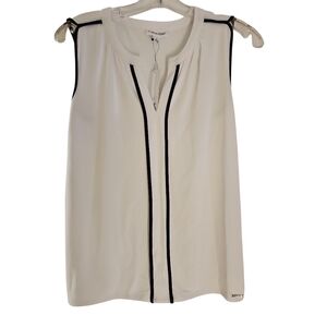 Calvin Klein Sleeveless Top Size S White Black Trim V Neck Blouse Lined